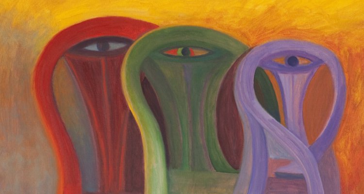 Painting of three stylized chairs, each with an eye in the seat back